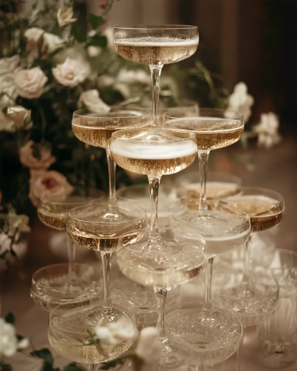 Champagne coupe tower beside white roses