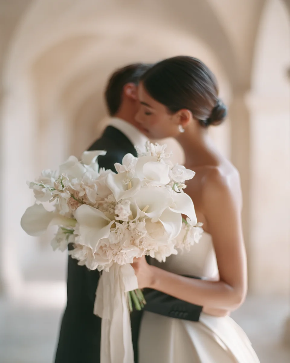 Couple embracing with a white calla lily bouquet