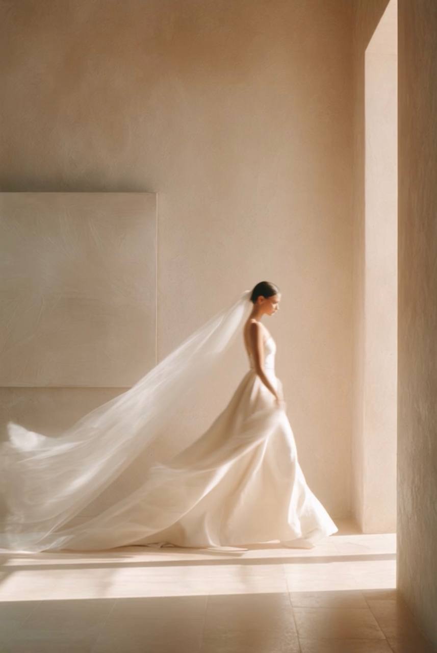 Bride in a flowing veil walking through a sunlit hall